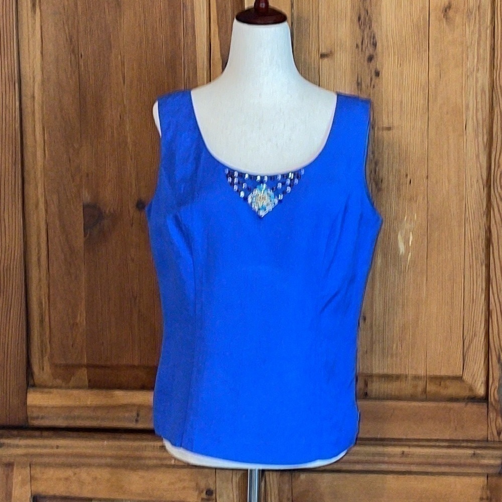 Coldwater Creek Blue Linen Blouse Turquoise Beads Sz. 10